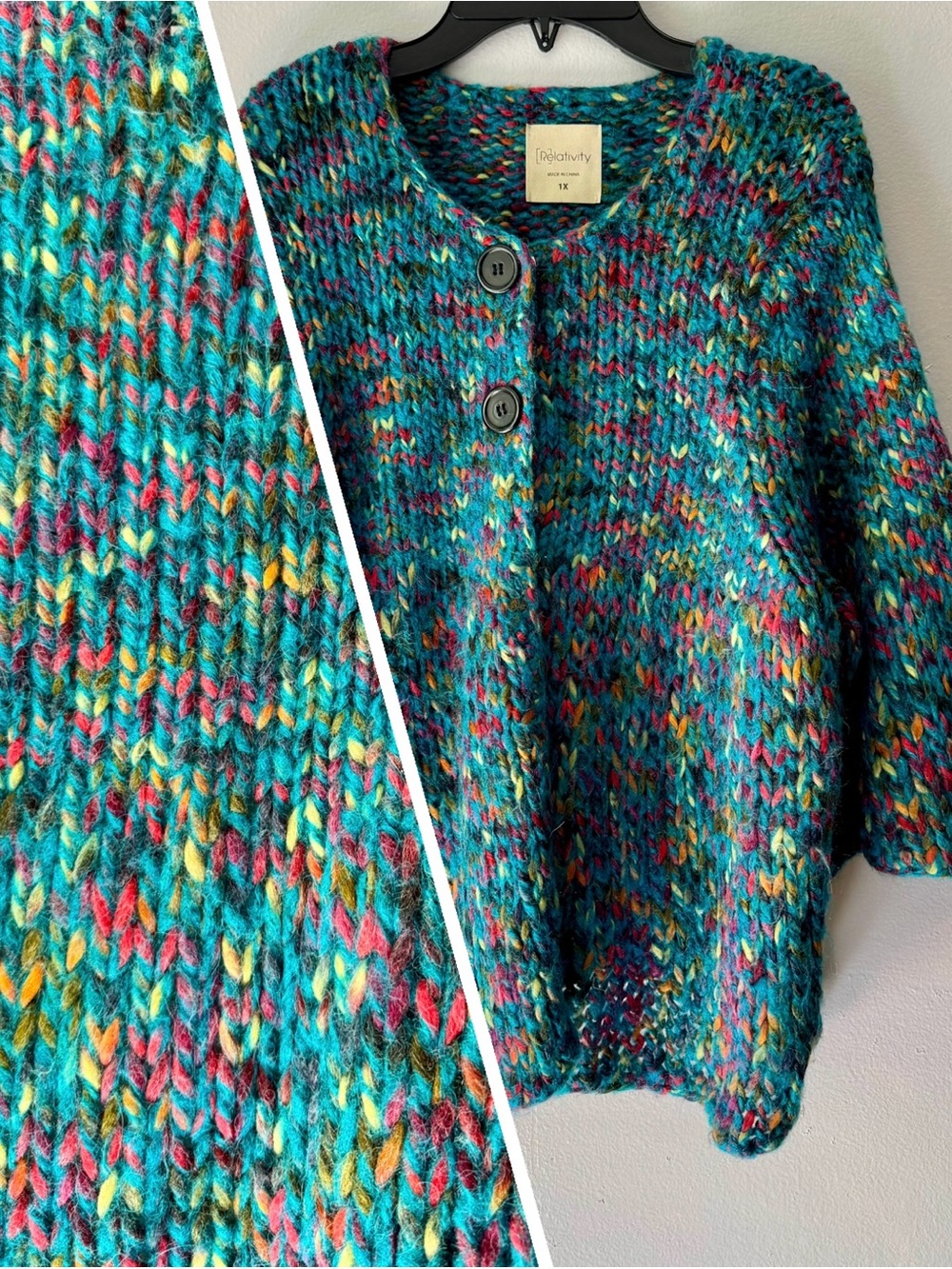 Relativity Rainbow Knit Button Cardigan Sweater Colorful Chunky Eclectic Cottage